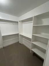 Walk in closet with dark colored carpet