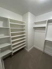 Walk in closet featuring dark colored carpet