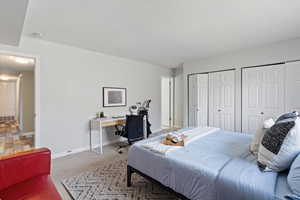 Primary Bedroom with a desk, two closets, and light colored carpet