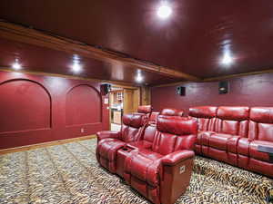 Home theater room featuring ornamental molding and carpet floors
