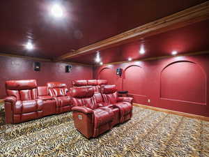 Carpeted cinema with crown molding