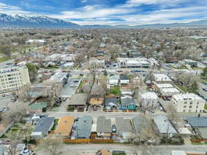 Aerial perspective of suburban area with mountains