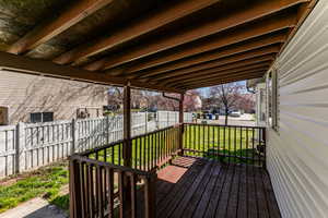Deck with a fenced backyard and a residential view