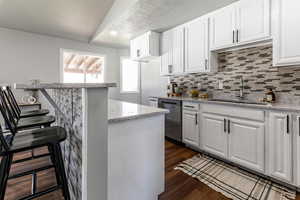 Kitchen featuring white cabinetry, light stone countertops, dark wood finished floors, stainless steel dishwasher, and a textured ceiling