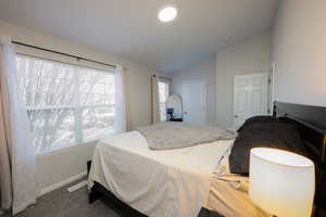 Bedroom featuring lofted ceiling and dark colored carpet