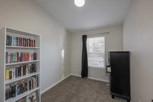 Miscellaneous room with dark colored carpet and baseboards