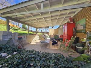 Fenced backyard featuring a patio