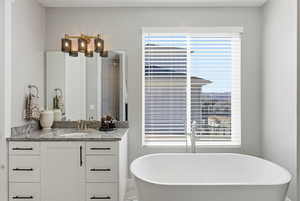 Full bathroom featuring vanity and a soaking tub