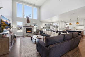 Living room featuring recessed lighting, a stone fireplace, dark wood finished floors, and a high ceiling
