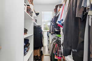Walk in closet with wood finished floors