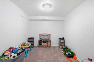 Game room with carpet flooring and a textured ceiling