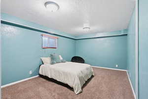 Carpeted bedroom featuring a textured ceiling and a textured wall