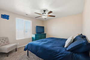 Bedroom featuring ceiling fan, carpet floors, and a textured ceiling