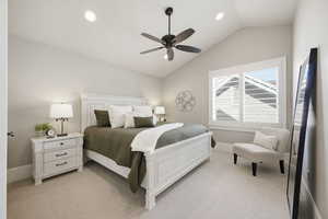 Upper Level Bedroom with lofted ceiling, recessed lighting,, and ceiling fan
