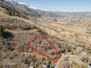 Aerial view of sparsely populated area with property boundaries highlighted and a mountainous background