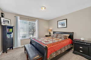Bedroom with light colored carpet and baseboards