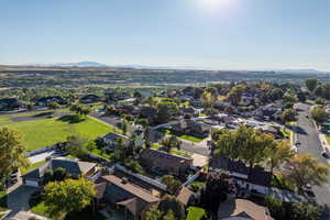 Aerial perspective of suburban area with mountains