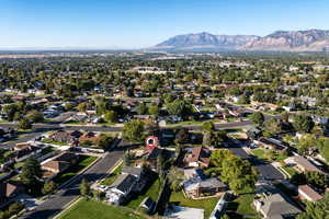Aerial perspective of suburban area with mountains