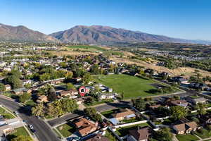 Aerial view of residential area with mountains