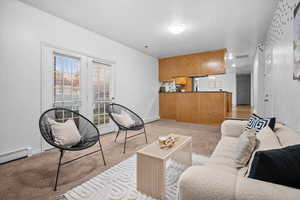 Living area featuring light colored carpet and a textured ceiling