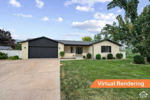 Single story home featuring covered porch, driveway, a garage, and brick siding