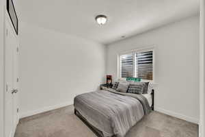 Bedroom with a textured ceiling, light colored carpet, and a closet
