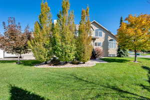 View of home's exterior with a lawn and stucco siding