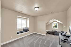 Interior space with light colored carpet and baseboards