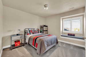 Bedroom with baseboards and light colored carpet