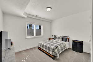 Bedroom featuring light colored carpet and a textured ceiling