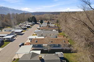 Aerial view of residential area with mountains