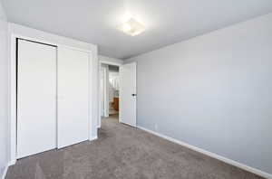 Unfurnished bedroom featuring carpet and a closet