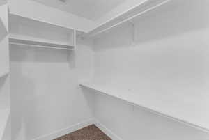 Master walk in closet with dark carpet