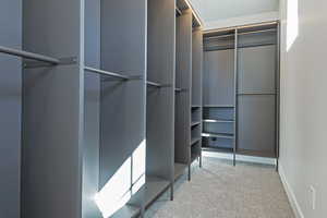 Walk in closet with light colored carpet