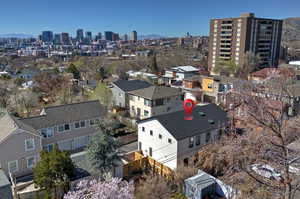 Aerial view of mountains and city skyline