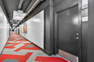 Hall with light carpet and baseboards