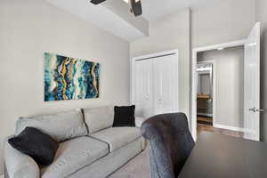 Office featuring ceiling fan and wood finished floors