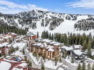 Snowy aerial view of ski runs and area