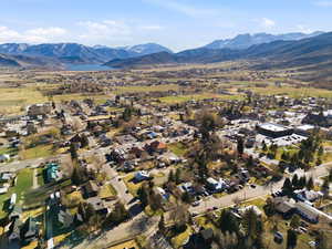 Aerial perspective of suburban area with mountains