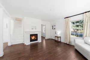 Living area with dark wood-style flooring and a glass covered fireplace