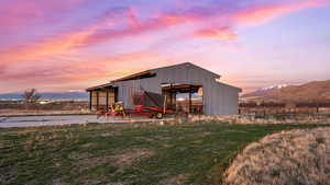 View of pole building featuring a mountain view