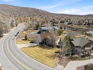 Aerial view of residential area with mountains