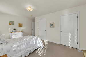 Bedroom featuring baseboards and light colored carpet