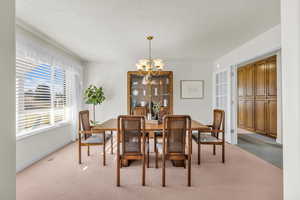 Dining room with suspended lighting, light colored carpet, and a textured ceiling