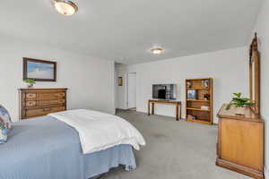 Bedroom featuring light carpet and baseboards
