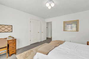 Carpeted bedroom featuring a closet, an office area, and a textured ceiling