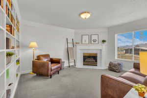 Living room with a tile fireplace, ornamental molding, light carpet, and a textured ceiling