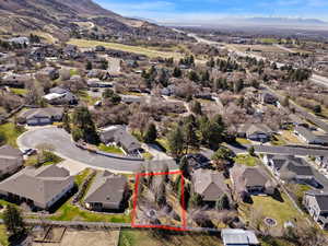 Aerial perspective of suburban area with property parcel outlined and mountains