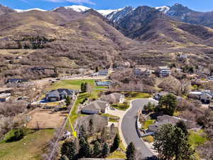 Aerial view of residential area with a mountainous background
