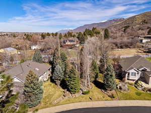Aerial view of residential area featuring a mountain backdrop